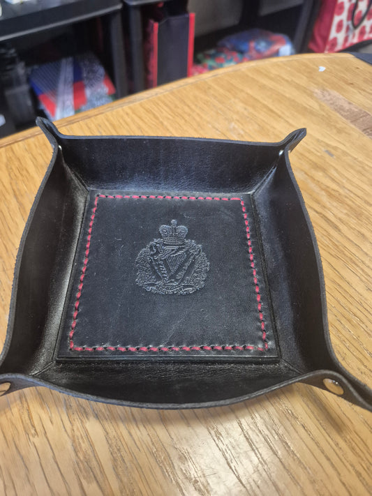 Trinket Tray, leather embossed with The Royal Irish Regiment, Queen's Crown